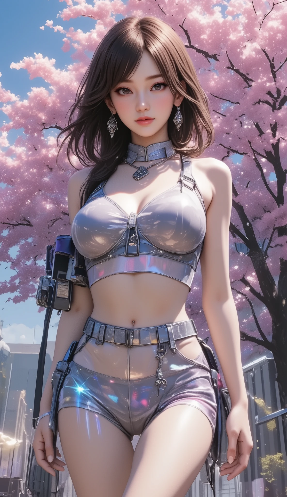 Best Quality,masterpiece, Ultra High Definition ,Glass texture, light trail, translucent design, SF items, futuristic feel, ((Cyberpunk near-future city, Cyberpunk cherry blossom viewing, cyberpunk cherry blossom tree line)), Transparent bodysuit, transparent school uniform, (((huge uplifted breasts, deep cleavage))), bewitching,