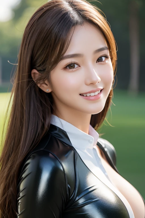 ((highest quality, 8k, Representative works in detail, Ultra-high resolution)), (Looking at the audience), (Cowboy Shot), Attractive woman, ((Big Breasts)), smile, ((black choker)), Slim figure, (Blue contacts), Long eyelashes, bangs, Beautiful shiny brown hair, Nogizaka Idol, Slim face、((shirt、Best))