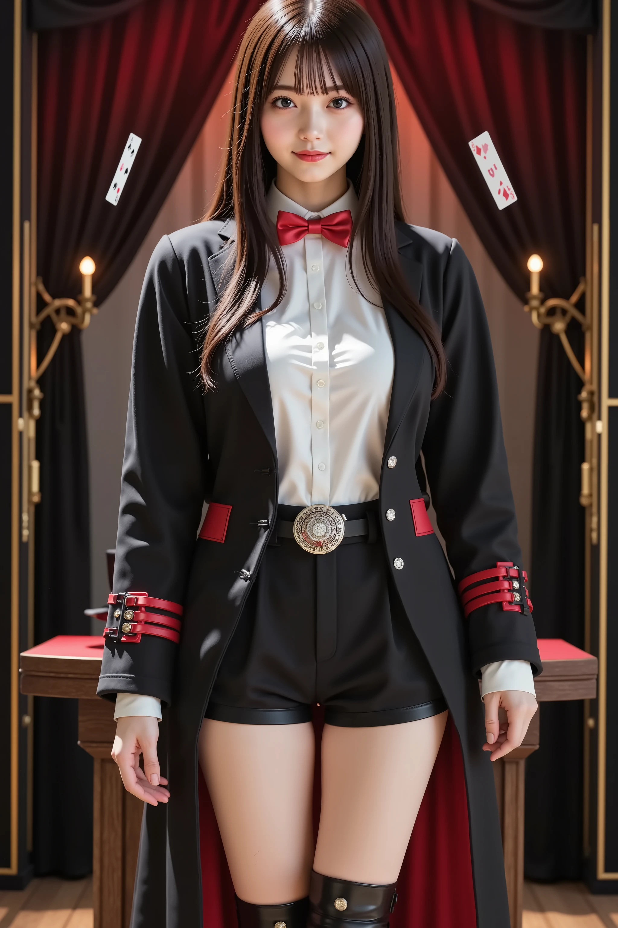 haruka, firm breast, ultra-high-resolution 8K CG illustration of a Japanese woman portrayed in a magician-themed portrait. She is standing confidently in front of a wooden table covered in red felt. A deck of standard playing cards is scattered across the tabletop, some mid-air, suggesting motion. Her entire head is fully included in the frame, positioned at the exact center both vertically and horizontally. She has defined, symmetrical facial features, pale skin, almond-shaped dark brown eyes, trimmed straight bangs, and long black hair that flows over her shoulders and chest. Her expression is calm, with a small closed-mouth smile. She wears a black tailored magician jacket with structured shoulders, red satin lining, and silver buttons. Underneath is a fitted white dress shirt, fully buttoned, with a red bow tie at the collar. Her chest is emphasized beneath the fabric, clearly shaped through the tight tailoring. She wears high-waisted black shorts with a silver belt and glossy black thigh-high boots with low heels. A short black cape with red lining hangs from her shoulders. A black top hat sits on the table beside the cards. She has on thin black gloves. Her arms hang naturally by her sides in a relaxed standing posture. A silver pocket watch is clipped to her waistband. Her visible anatomy includes a realistically drawn penis between her legs, integrated with accurate texture and consistent lighting. The background is a magician’s stage: black curtains with gold trim, vertical stage lights along each side, and a red spotlight above. Dust particles are visible in the beam. The lighting is angled from above and slightly to the front, casting controlled shadows and defining surface contours. The entire image uses Unity-style rendering with crisp edges, texture mapping on fabric, skin, and metallic elements. The composition is symmetrical and stable, designed as a full 8K portrait, focused on the subject and props within the magician’s setting.