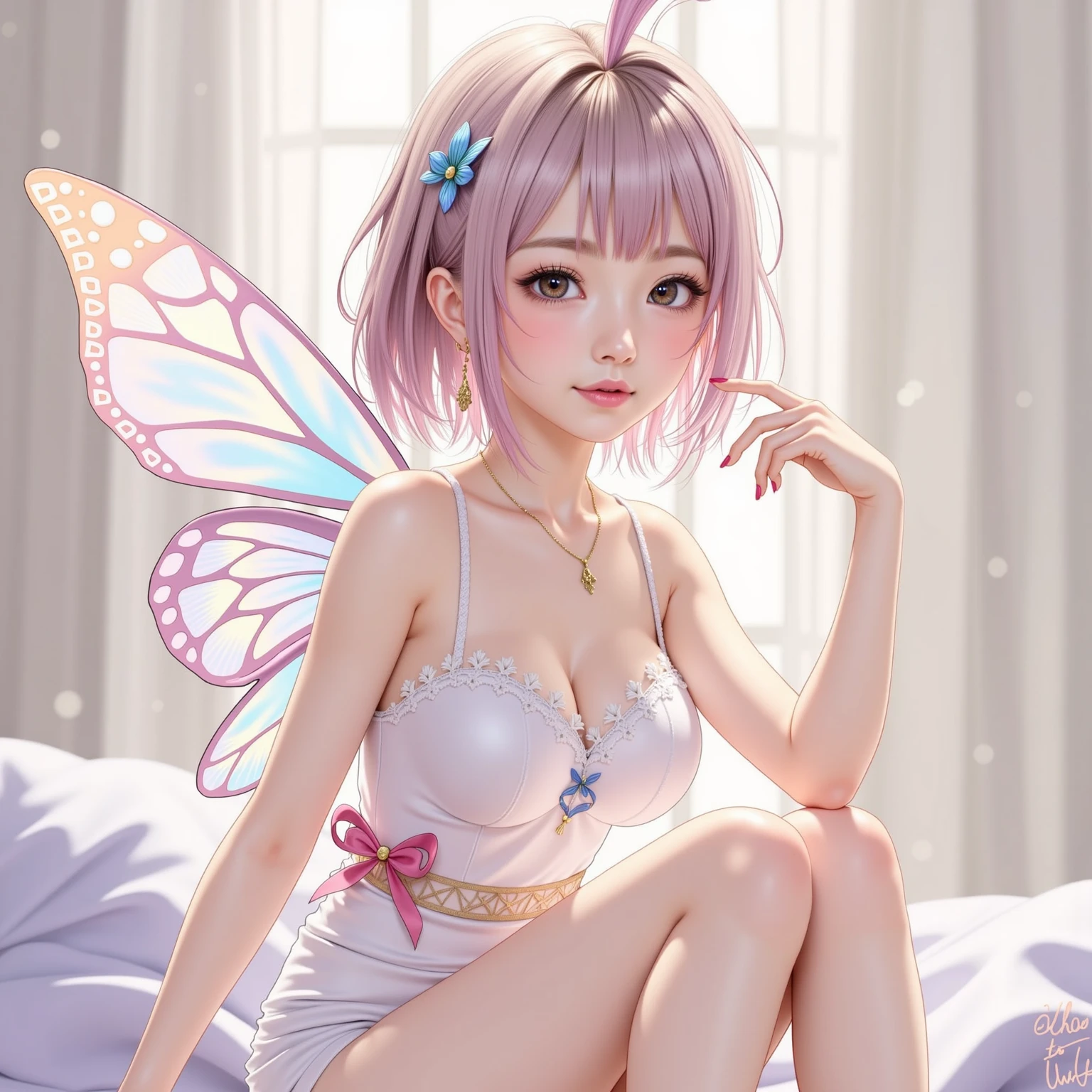 (photorealistic:1.8, highest quality:1.8,8K masterpiece:1.8,High resolution,muste piece:1.8),fantasy world,Fairy 15cm tall,(Transparent wings on the back that glow beautifully、floating in the air、tight mini dress、Transparent Shawl、delicate hair ornament、Elegant earrings、choker),blue eyes,detailed eyes:1.7,double eyelid:1.6,detailed eyes:1.8,beautiful skin:1.8, (looking at the camera:1.2),(View from the front:1.3),( Medium Hair:1.2,beautiful shining pink hair:1.5), expression(Impish Smile:1.3,face turns red:1.3),(Moderate chest:1.3),Pause(Seductive pose:1.5),background(spring scenery,Psychedelic fairy forest with blooming flowers),(detailed perfect face),anatomically correct,normal hands:1.5,normal finger:1:5,normal feet:1.5,(cameltoe),deformation、deformationなし、No arm loss、No extra arms、No mutated hands、No extra legs、no bad moves,No hand deformity、No missing limbs、No floating limbs、No limb amputation、No extra fingers、no bad fingers、liquid fingerless、bad fingerless、No missing fingers、No extra fingers、less fingers