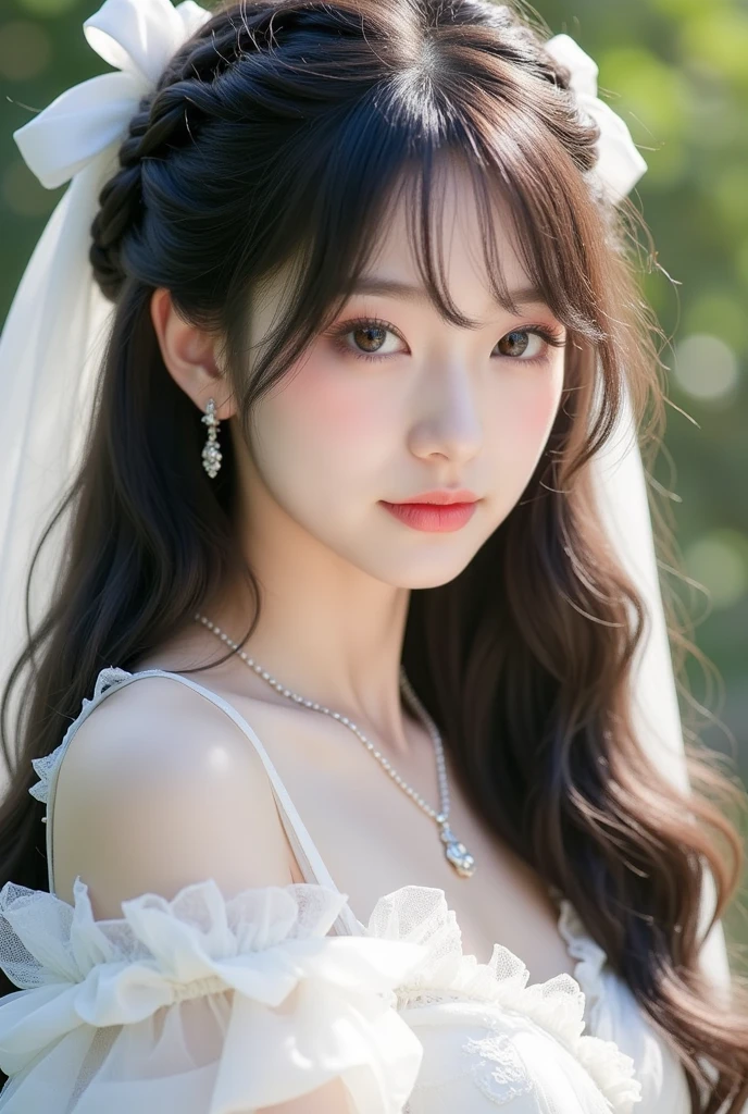 grey background,head portrait,1girl, white flower, dress, lily (flower), white rose, earrings, solo, long hair, white dress, hair ornament, jewelry, bouquet, rose, wedding dress, hair flower, looking at viewer, breasts, blurry, lips