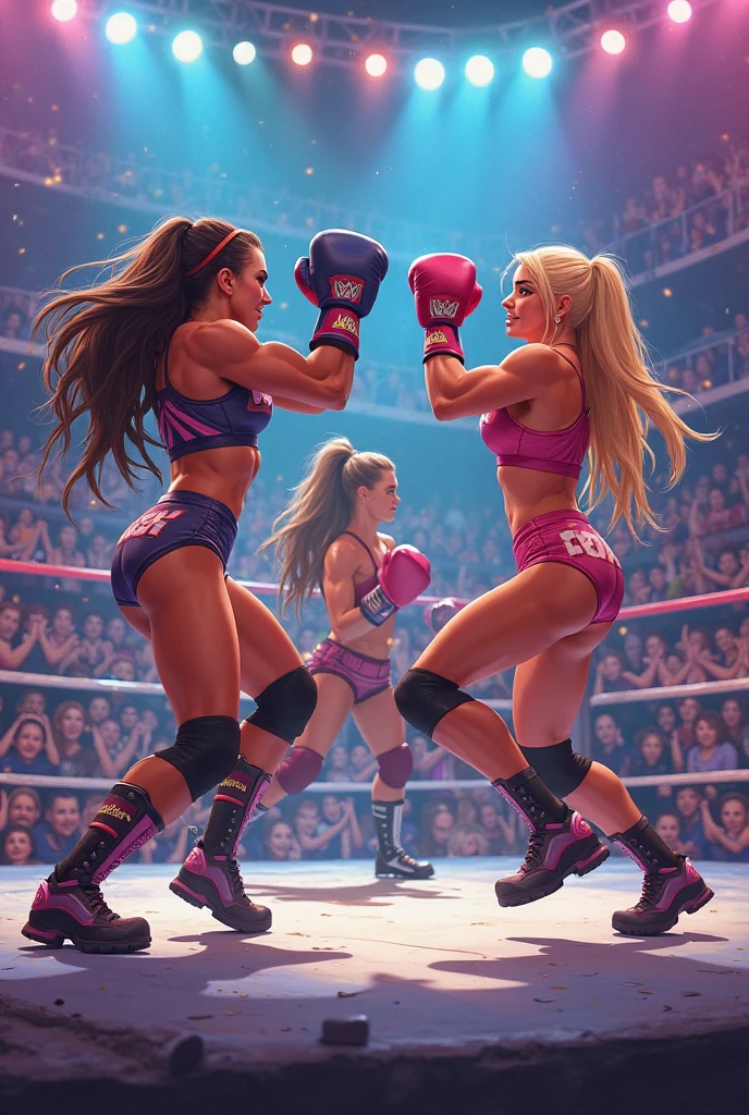 2 women battling each other in a wrestling ring, 1 woman Neon Vixen * Appearance: All-pink attire, straight, shoulder legnth, pink hair, big breasts, sleek and sophisticated appearance. * Character: Confident, ambitious, and a skilled businesswoman. * Abilities: Enhanced strength and agility. Can emit neon energy blasts. 1 woman The Quantum Queen * Appearance: Iridescent hair that changes color, futuristic bodysuit, holographic mask. * Character: Mysterious, enigmatic, and incredibly powerful. * Abilities: Can manipulate quantum energy, control elements, and manipulate time.