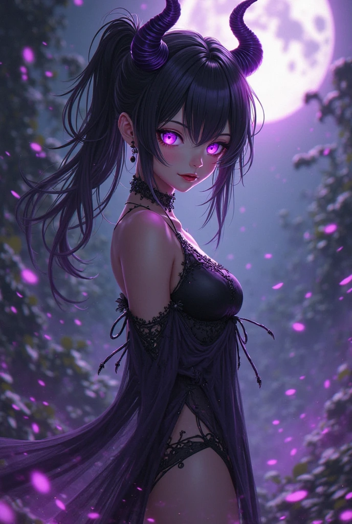 Demon girl, white skin, purple eyes, black hair in an inverted bob, wearing a little black dress.
