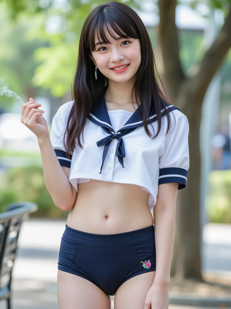 masterpiece, highest quality, 8K, 15 years old , RAW photo, disorganized, award-winning portraits, alone, noon, idol face, delicate face, Digital single-lens reflex camera, looking at the viewer, shy smile、shame、flushed cheeks、thin arms, small breasts, nipples, small ass、thin waist、Frank, Sophisticated, like々New, thin arms, professional lighting, film grain, black eyes, chromatic aberration, (detailed eyes and face:1.0), (Bokeh:1.1),(hyper pretty face:1.3),(medium black hair:1.4), japan school student sailor uniform, (pleated mini skirt:1.3), white blouse and school ribbon, (cute panties, high detailed, pale color:1.4), above the knee, (angle from below:1.3), hair blowing in the wind,(dynamic poses:1.3)