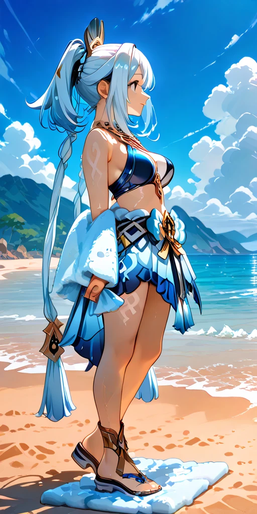 An arafe woman wearing a bikini top and super miniskirt and holding a sword, Squatting with M-shaped legs、White shorts visible under the miniskirt、nami one piece, beautiful portrait of nami,White panties visible from the miniskirt、Squatting with M-shaped legs、 Nami of one piece,Nami in super miniskirt, Detailed Digital Anime Art, Cute exirobat showing white pants, Very detailed ArtGerm haha, deviantart artstation cgscosiety, realistic bikini, Swimsuit, fanart best artstation, ArtGerm. high detailing