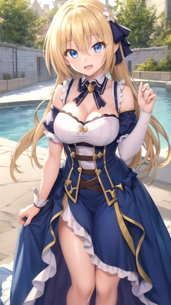 ((highest quality、High resolution))、A beautiful woman、Perfect body、beautiful ample breasts、Long blonde、bangs、Blue hat、ribbon、embellished sexy dress、skirt、a sexually excited look、Legs wide open、((I'm inviting you to have sex))