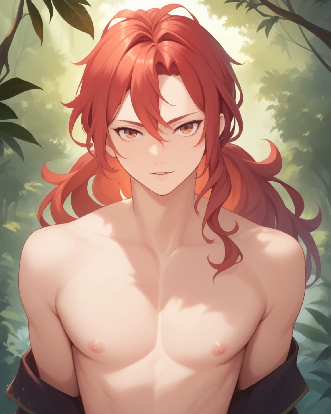 Boy 12-year-old, red eyes, red long hair,(long hair), smiling, shirtless, anime, room background