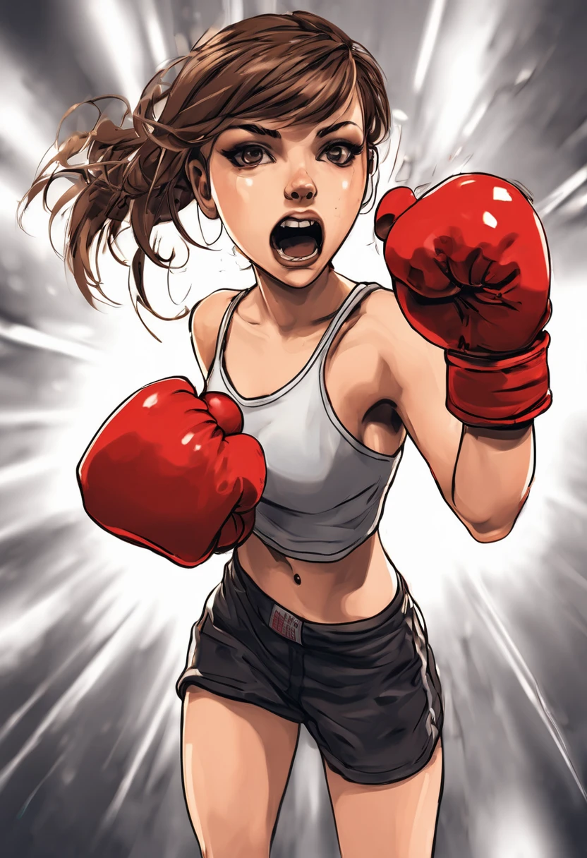 masterpiece, (textured skin), best quality, gorgeous beautiful girl, (a female boxing athlete), detailed clothes,large breasts,narrow waist,, (beautiful face), cinematic lighting, (at boxing venue ),