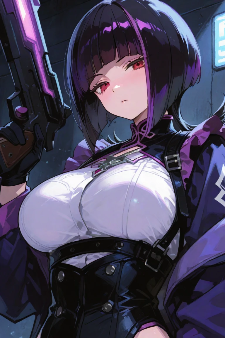 1girl, solo, big , thigh highs, upper body,purple hair,hanging breasts,black footwear,black thighhighs,arms up,looking down,cowboy shot,navel,parted lips, huge breasts,mature female,shiny,shiny skin