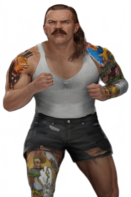 Realistic man, long black hair, keep original tattoos, muscular body, side view pose, vascular,