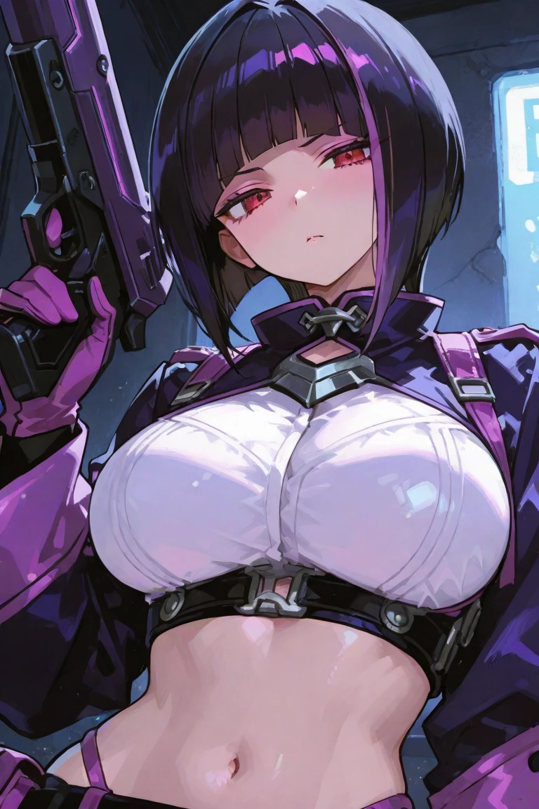 Nsfw poster,Dramatic scene,cinematic scene,Takashi murakami,pop culture art,detailed tattoos,manga,a female Nsfw cyborg,long jacket,sm Queen,Mechanical designed tattoos,erotic,sadistic Queen,sniper,erotic posing,doujin,hentai,kawaii,stylish,pussy,busty, pubic hair,glamour,pop color tone,psychedelic costume,dynamic angle,cinematic scene,armored,A Cyberpunk dystopian girl,fantasic dystopia,dystopian scape,bladerunner,ghost in the shell,photorealistic,psychedelic colourful tone,posing,armed,guns,weapons,masterpiece,ultimate detailed,8k,detailed background