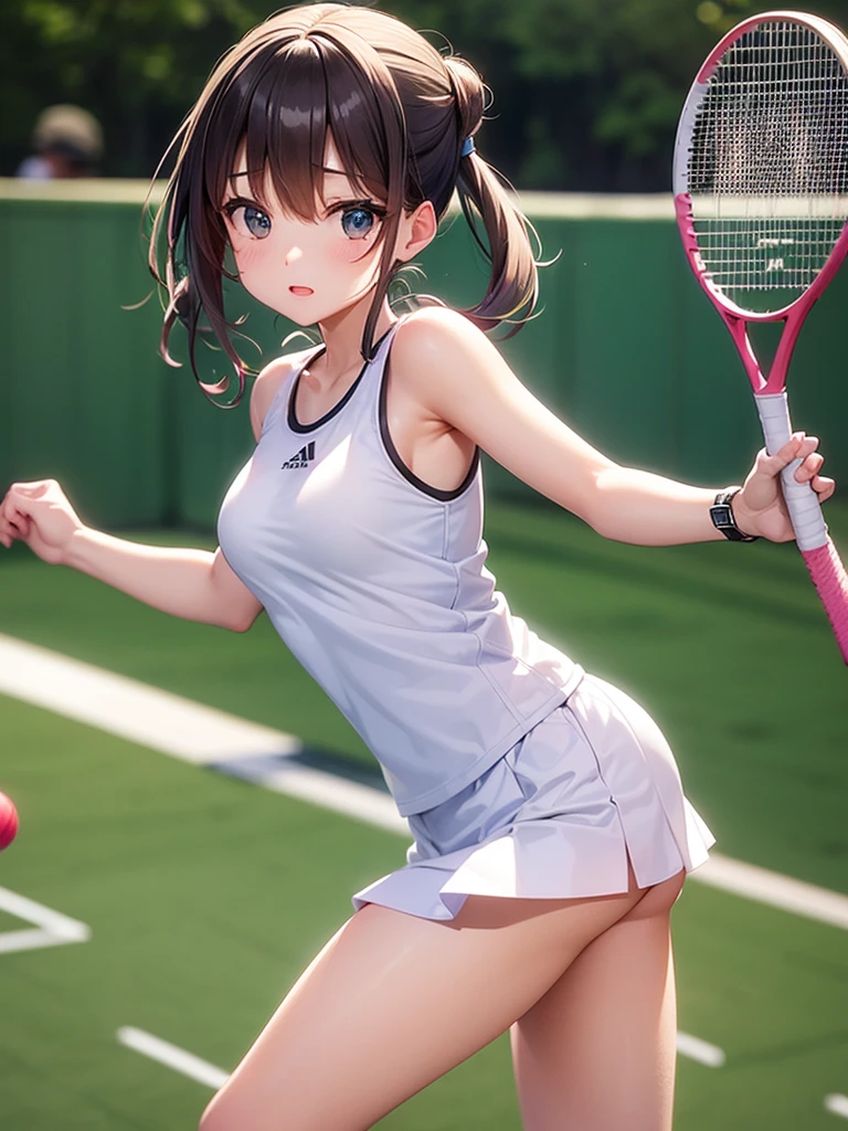 (Best Quality,8K,hight resolution,masuter piece:1.2),Ultra-detailed,Realistic:1.37,Portrait,Dynamic Angle,(Female tennis player) ,Teenage girl,small head,Cute,Sporty,Charming face,Detailed beauty face,Very realistic skin,Wet skin,Sweat,Large breasts,nice legs,skirt fluttering ,Sporty,tennis competition venues ,Cinematic lighting,