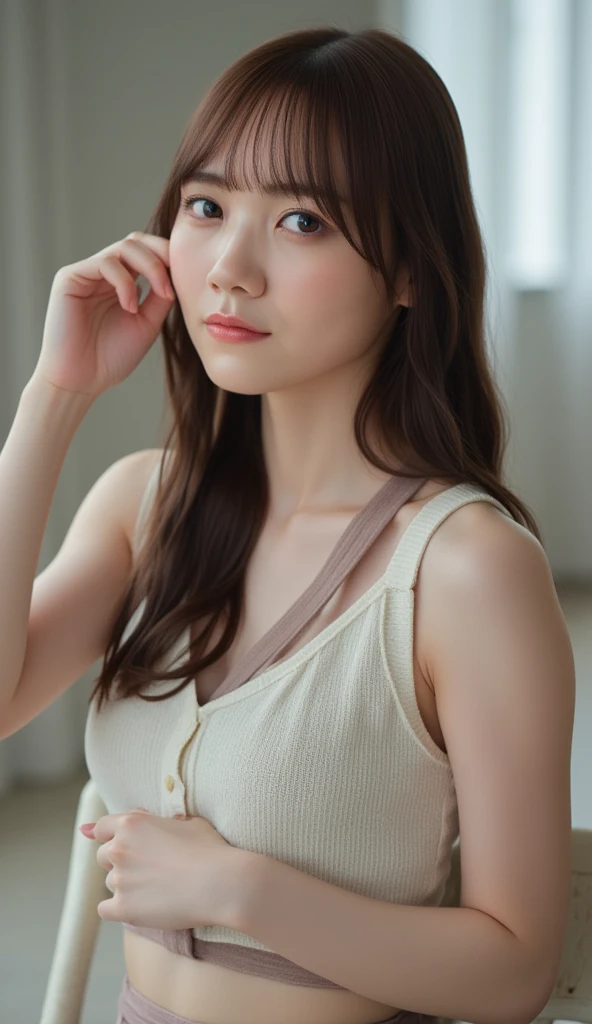 (((Medium Short Hair、Shoulder-length hair:1.4))).((A classy white collared shirt、Standing photo、Medium Hair、Big Breasts that can be seen even through clothes、Both hands are in front of the belly button、A photo of panties visible through a short polo shirt、Roll up your shirt with your hands、She is wearing a white polo shirt and luxurious white panties.、:1.4))、In the living room、Cream Hair Color、Her huge breasts are obvious even through her clothes...、Small earrings、Light brown hair color、:1.4））、Shiny Hair、Light beige hair color、Background Blur、Light brown hair、｛｛Cowgirl Shot｝｝、（（Close-up shot from the waist up、Big Breasts:1.4））、Big Breasts、Smile、Big Breasts that can be seen even through clothes、Cowboy Shot、A lovely smile、（（Revealing clothing））、Full body photo、ring、Tuck your hair behind one ear、Silver Necklace、smile、Caustics、Highly detailed photos、Big Breasts、Super no makeup、(8K、RAW Photos、Highest quality、masterpiece:1.2)、(Realistic、Realistic)、1 Girl、((Big Breastsショートヘア、Looking into the camera:1.4))、Hair blowing in the wind
