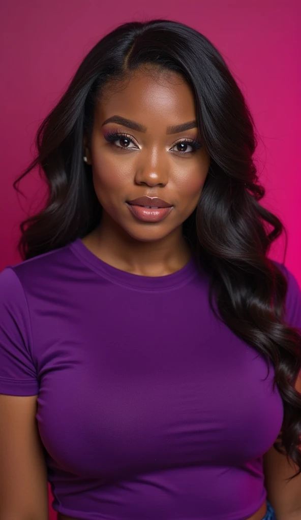 close up, portrait of a 25 year old african american girl, mahogany skin tone,sleek long high ponytail hairstyle,black hair,neat hair,smooth skin,smooth image, beautiful, casual, fake breasts, cleavage,wearing a purple crop top
((simply contrasting background))