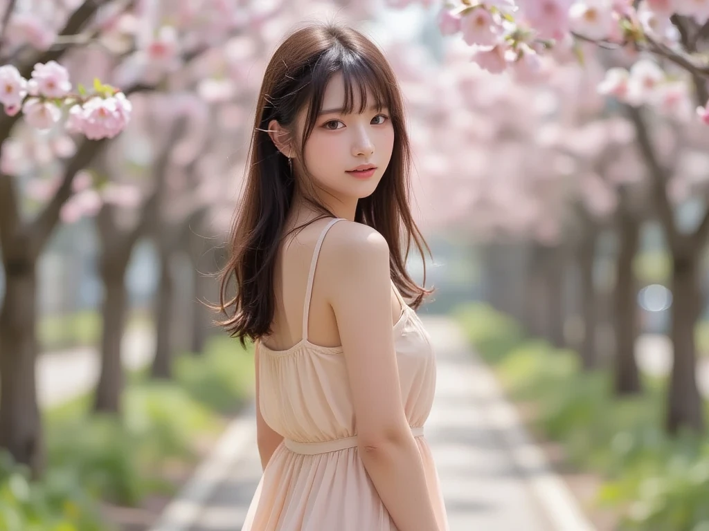 (logo、masterpiece、8k、table top、RAW photo、wonderful、最high quality、Photorealistic and very detailed CG integrated 8k wallpaper、high quality、very detailed、Narrative poem、particle effects、dynamic effects、written boundary depth、cinematic light、Lens flare、ray tracing)、fantasy、 (1 beautiful woman、dress、dress、cherry blossom pattern、black haired、beautiful face、real face、beautiful details eyes beautiful skin)、My hair dances in the wind、Hair flutters in Wind、hair jump、pink cherry tree、petals dance、SakuraFubuki、wonderful scenery、sunrise、sun on background、Wind
