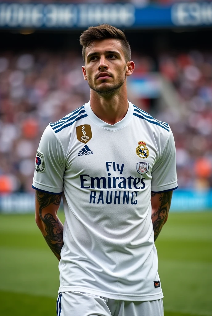 Football player aged 26 and 1,77 metro de altura,who plays for Real Madrid,He is white,with short black hair,com os olhos castanhos,with Adidas boots, with a band on the wrist of the right hand, Tattoo on both arms(closing the arm with the tattoo) shows the whole body