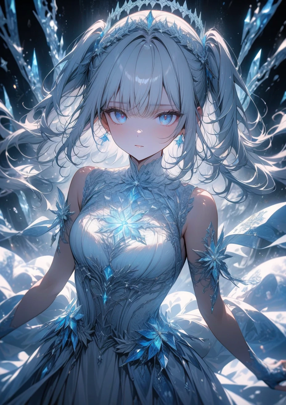 masterpiece, best quality, HD, ultra-detailed, vivid colors, Pokemon Glaceon, furry, humanoid, anthropomorphic, on 2 legs, beautiful detailed eyes, frozen environment, icy blue color palette, ((crystal-like skin with fur)), long fluffy tail and ears, beautiful bangs of hair, curly strands of hair, short hair, ice cloth with mantle, fur coat, fur collar, snowflakes floating around, powerful ice powers, subtle light blue lighting, dramatic pose, on a snowy mountain peak, aurora borealis in the sky, magical atmosphere