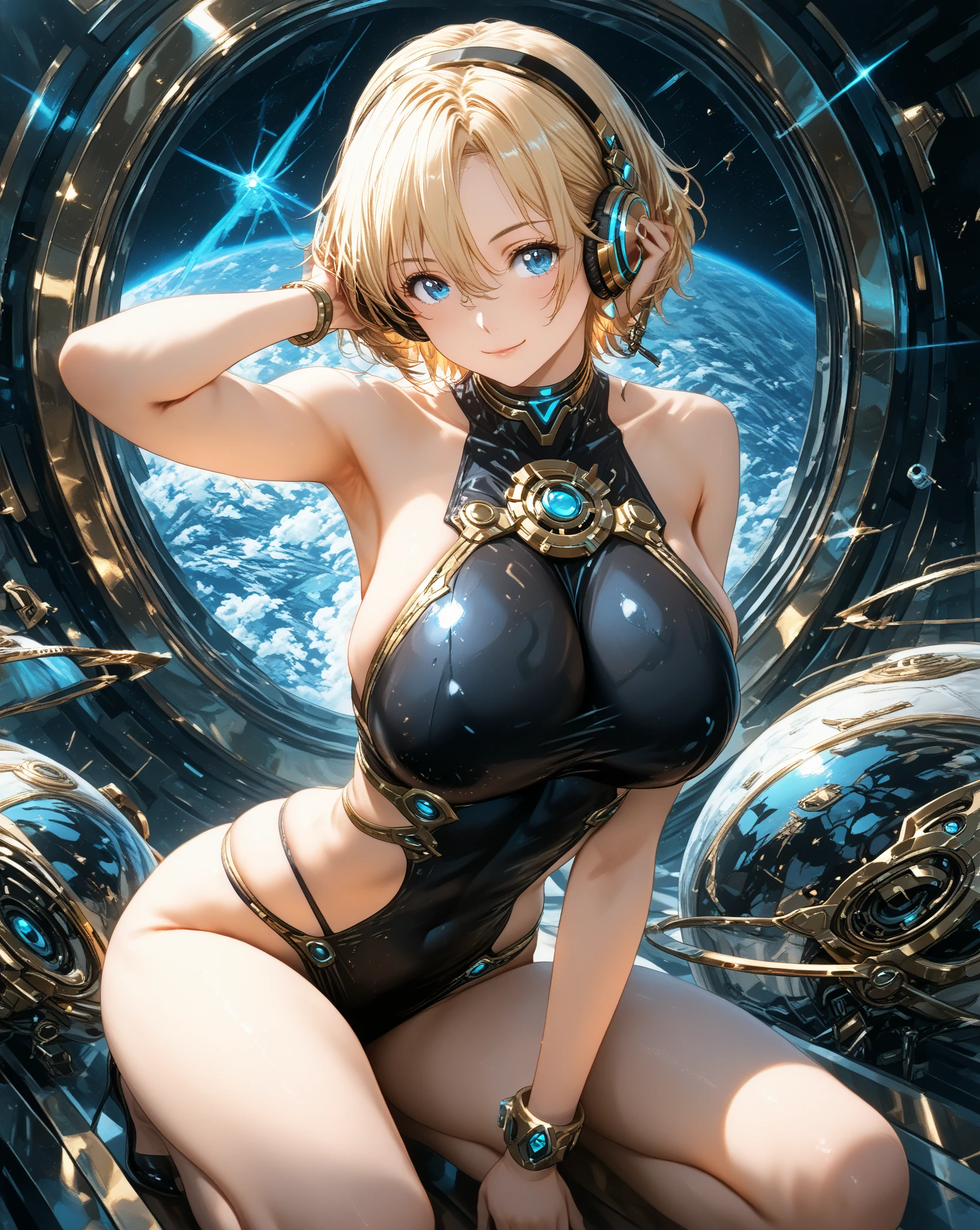 (((SFW、sound、Highest quality、first-clasasterpiece、Normal body、8K、Detailed face、Ultra-precision、Normal hand、Normal finger、5Finger、Highest)))、beautiful girl、Golden blonde;1.4、Shortcuts、Bobcut、High Elf、 the Land of Leadale、Kena、Silver Ring Witch、Black diver suit、Tight-fitting diver suits、scuba diving、diving、smile
