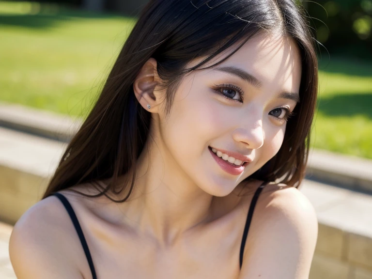 One Woman,Japanese、Beautiful Eyes,Symmetrical eyes,Slim figure, Realistic teeth, double eyelid,Duck mouth,Long Hair、Ponytail Hair,smile、Black Bikini,(whole body:1.2),D cup breasts