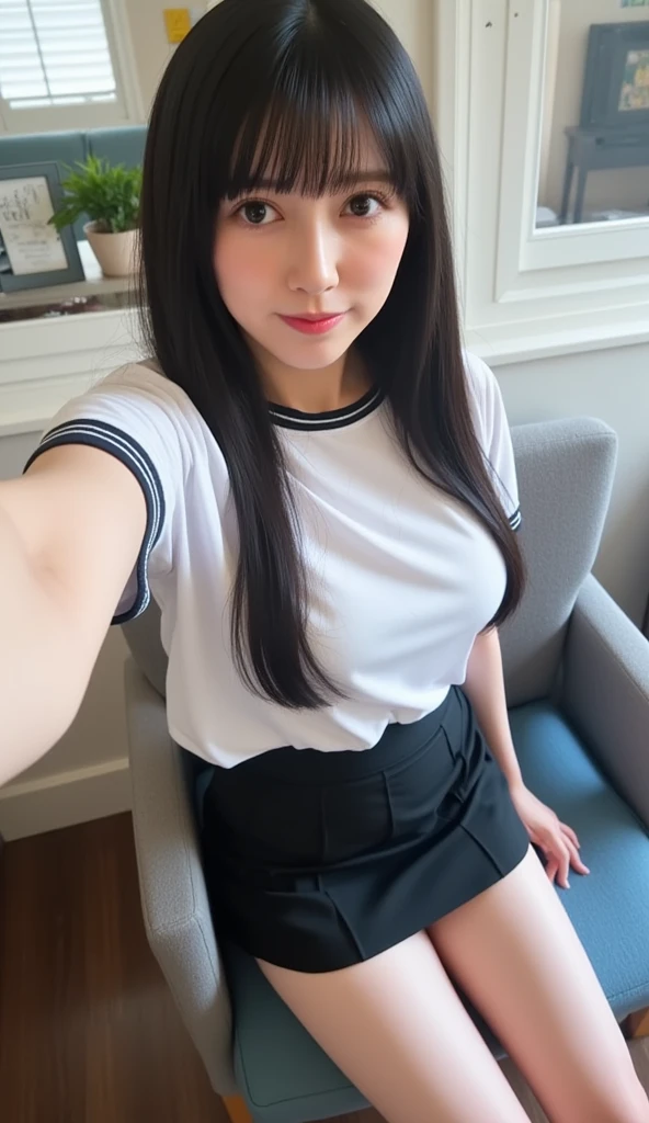 Girl lying on bed、Japanese、15 years old、smile、Short black hair、brown eyes、perfect body shape、Transparency、luster、luster、big breasts、thin waist、Uniform in disarray、navy blue tie、plaid skirt、white shirt、white underwear、torn skirt、Pull up the skirt with your hands、white bra、(Cleavage coordination)bold pose