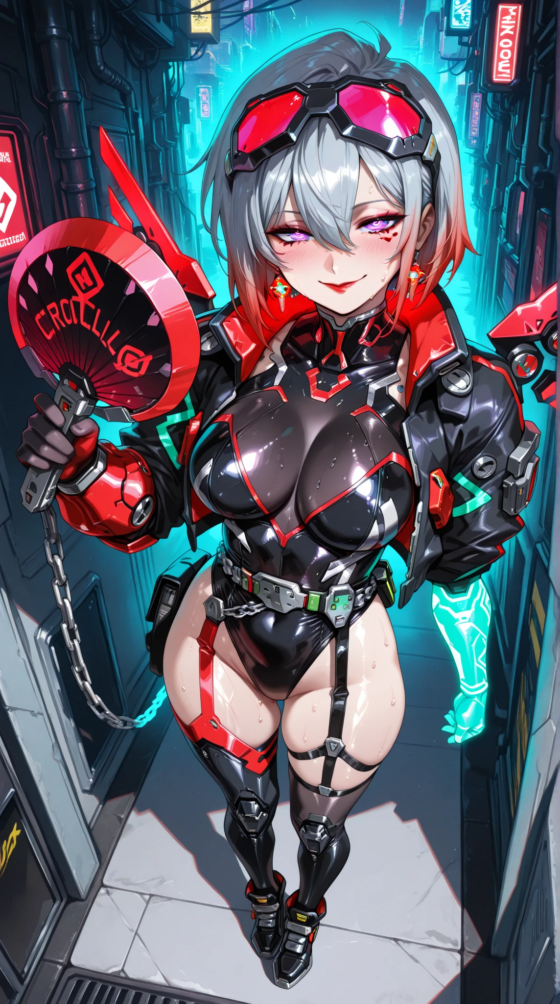 ,1girl,(young_teen:1.5), (short_ponytail:1.3), (light_whitish_purple_hair:1.3),black_mechanical_armor,white_breasts_parts_red_black_body_suit,bare_shoulder,bare_slender_thighs,medium_breasts,city_background,Stinging_eyes,sleepy,thighhigh_greaves,gauntlets,dynamic_posing,bare_frank,metal_red_parts_armor,red_eye,solo,
fists,hold_weapon,glare,navel,large_mechanical_parts,happy,waist_armor,open_mouth,rise_legs,apart_legs, (covered_navel:1.3),(very_long_bangs:1.3), (hair_over_one_eye:1.5),(long_bang_covers_right_half_of_face:1.5),
(covered_pussy:1.1),covered_breasts,fighting,