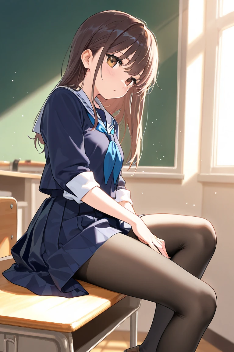 Mature Japanese high school girl、soio、slender leg、Whole body from head to toe、Sit up、M-shaped legs、small tits、(black pantyhose): 1.2)、White panties visible through stockings、very beautiful 17 year old girl、I'm not wearing shoes、shy big eyes、(short brown hairy area)、(bangss)、Unkempt hair、(hair clips)、pale blush、独奏、Looking at the camera、White panties are visible、 High School Uniform Blazer、High School Uniform White Blouse、high school uniform blue ribbon、High school uniform plaid and navy pleated skirt、Misaka Mikoto、Brown hair、brown-eyed