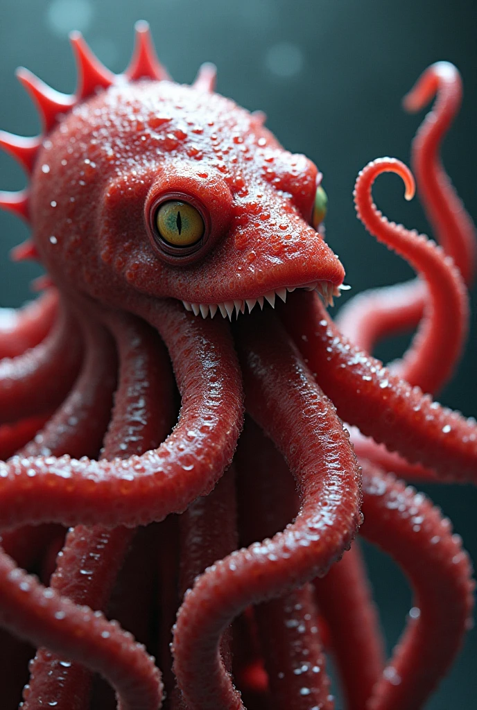 a slime humanoid, full length, red eyes all over the body, long tentacles, sharp teeth, Lovecraft aesthetics,