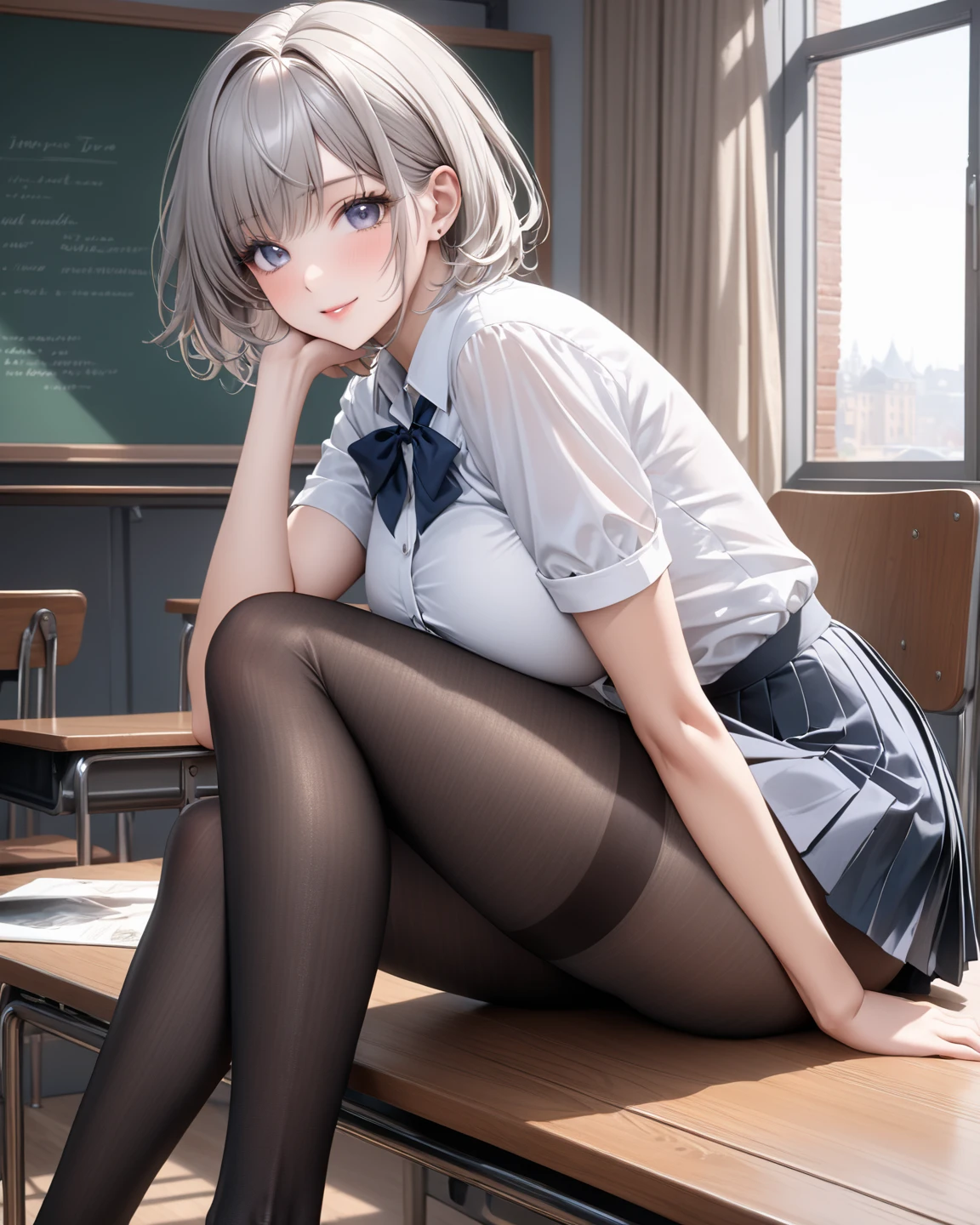 School Uniform,Skirt,Thigh,Panty Shot,White Panty,Open Legs,School,sitting on the desk,take your feet off the desk,looking-down