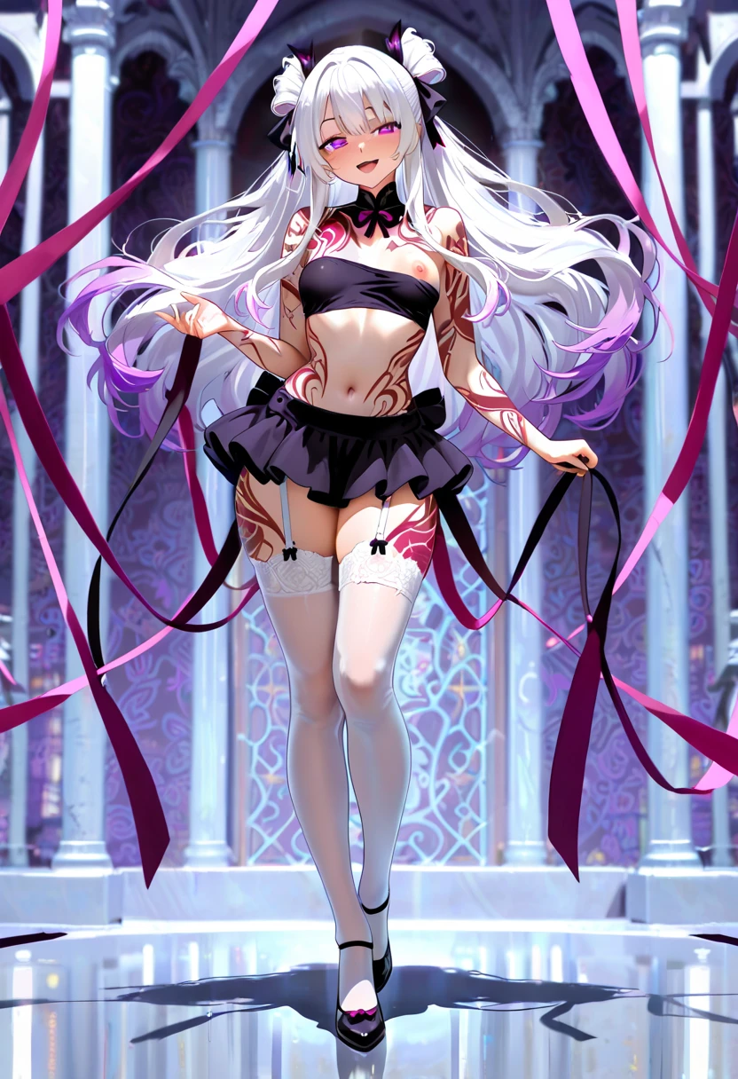 super resolution,
(realistically:1.3),Double tail,
(1 Slim girl), Fashion女孩, Fashion,lingerie,
young face, red eye makeup,Blushed, (vibrant smile),kicks,
(Slim) thigh,Tired Dancer,
,Fashion show,On stage,lifting one leg,audience,Full body image,barefoot,emo girl, kawaii, silver hair, white花, white, pure white, silver white