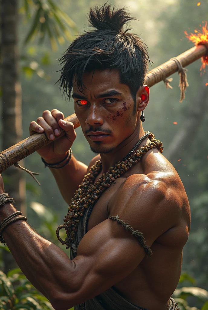 A brown boy in Sri Lanka.  The black ink in his eyes shines like two lightning bolts. He has arranged his hair in the Beckham style and fine lightning bolts are coming out of the hair.  In his left hand is a double-edged ax blade attached to an iron chain.  His body is strong and muscular development has developed.