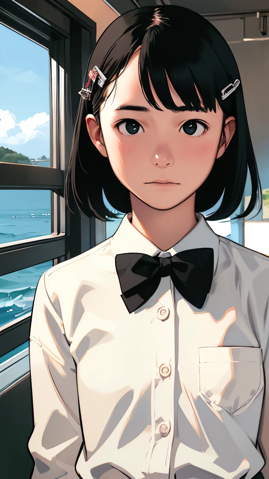 (1 girl, alone, Japanese Girls), Black Hair, short hair, Hair Clip, Shiny skin, Flat Chest, 真顔, whole body , (Middle school, White collared shirt, bow tie), 座る, 机に向かう, 学校の教室で勉強している, thunder head, Ocean, highest quality, Tabletop, 8k, High resolution, Super detailed, (Portraiture), Recall,