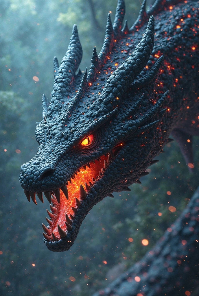 a giant monster hybrid of dragon and spider, in dark dense foggy forest, fire, no humans, open mouth, wings, dragon, sharp teeth, teeth, tail, solo, breathing fire, horns, monster, claws, smoke