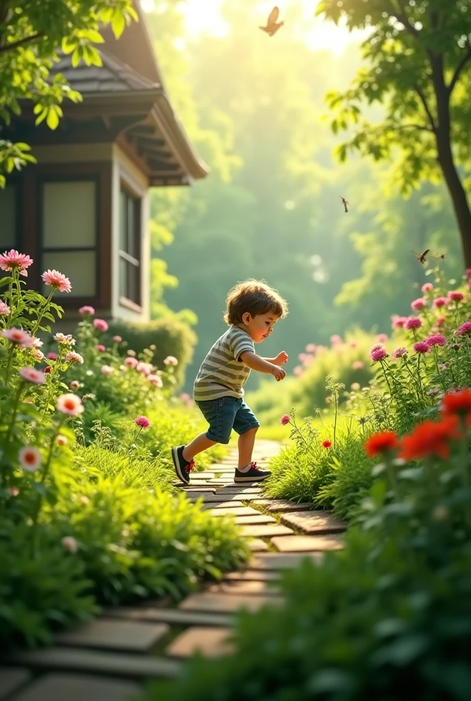 A boy singing a crack in a garden wall to make it bigger 