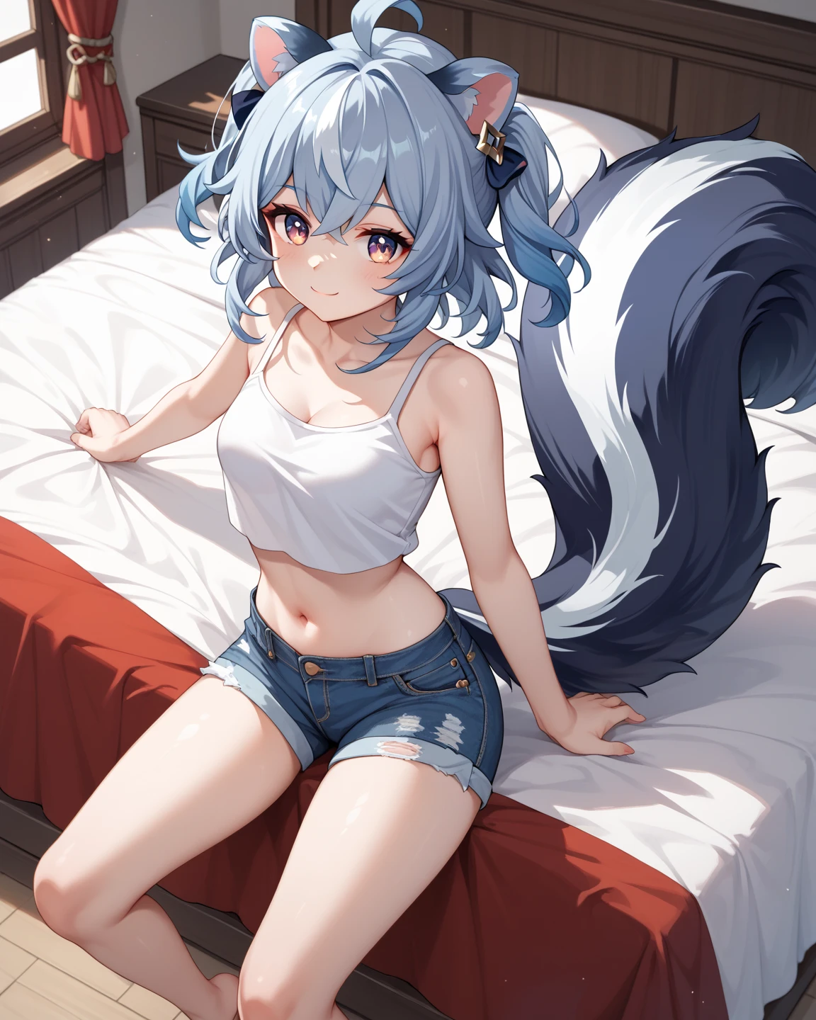Anime girl with blue hair sits on a bed with a pillow, kleine kurvige , Bestbewertet auf pixiv, Mikudayo, Anime-Moe-Kunststil, sitzt auf ihrem Bett, vivy, Full body portrait of a short film!, pixiv 3dcg, cute anime catgirl, female furry mini cute style, High Resolution Commission