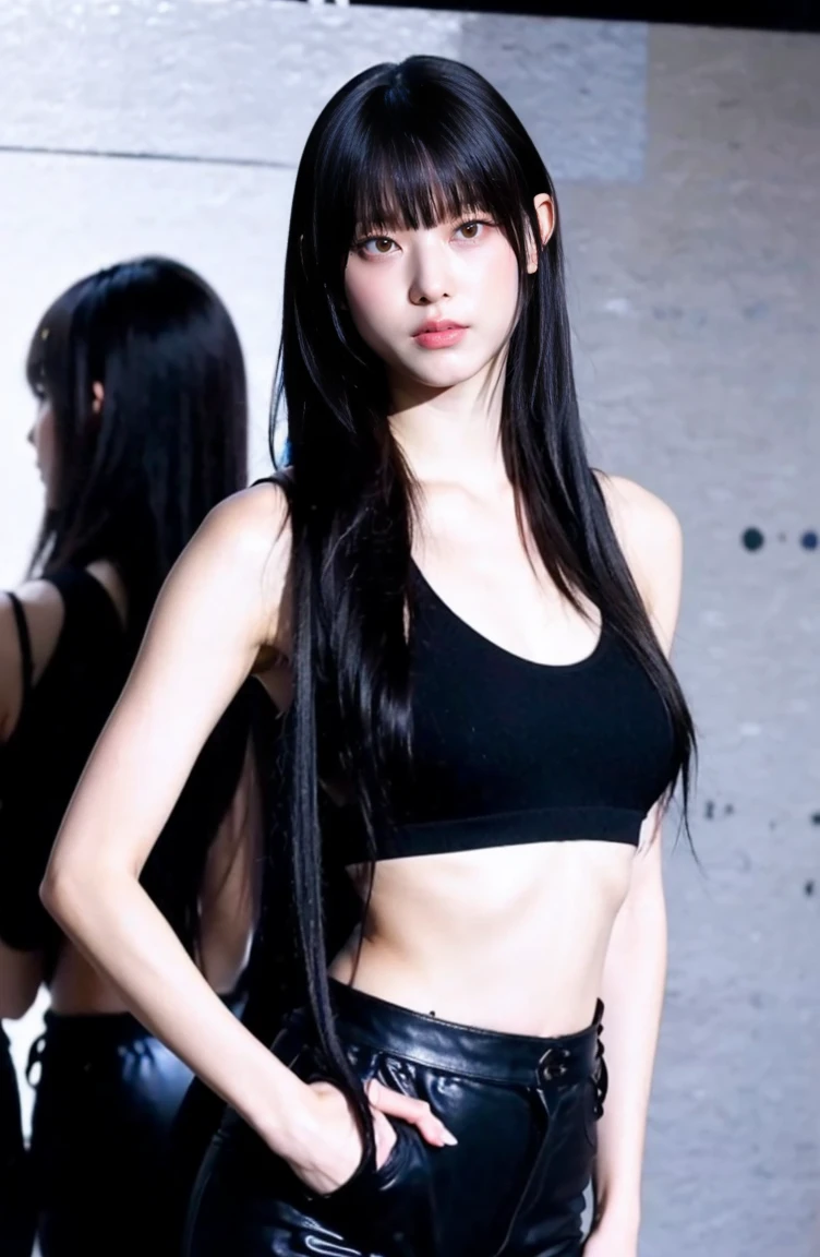 masterpiece, gothic aesthetic, dream atmosphere, ultra realistic, 16k, best quality, absurdres, perfect anatomy, 1girl, goth brunette, voluminous silky hair, cute hair fringe, goth makeup, realistic turquoise eyes (intense look). pale-white skin (highlighted), realistic shading, solo, Caera, realistic blue eyes, black t-shirt, small natural breasts, proportional hips, thick thighs, thick legs, black mini skirt, tights (realistic textures), pretty seductive, upper body, beautiful girl, happy, inside a (neon pastel lights) modern house, different poses at different angles, blurred background, cinematic, Photorealistic.
