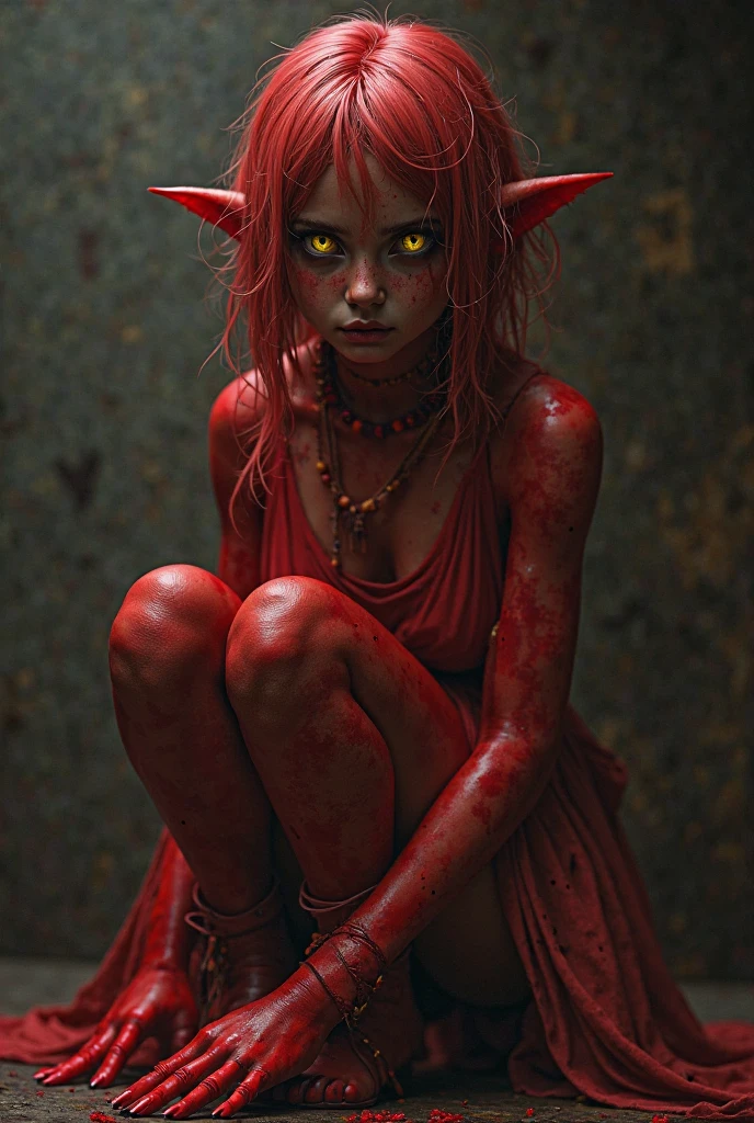extremely detailed, realism, (monster girl on mossy tree branch:1.1), moss-covered branch, wood, monster girl, crouched:1.1, curled horns, medium breasts, big eyes, dark forest canopy, glowing eyes, big claws, big eyes, pale skin, bandages, long hair, looking at viewer, leaves, (face close-up:1.2), messy hair, skin markings, grey mottled skin, blue skin, long ears, evil smile, (above ground:1.2), hands between feet, tail:1.1, (lying on branch:1.2), (lying on back:1.1), volumetric lighting, young:1.2, from side,