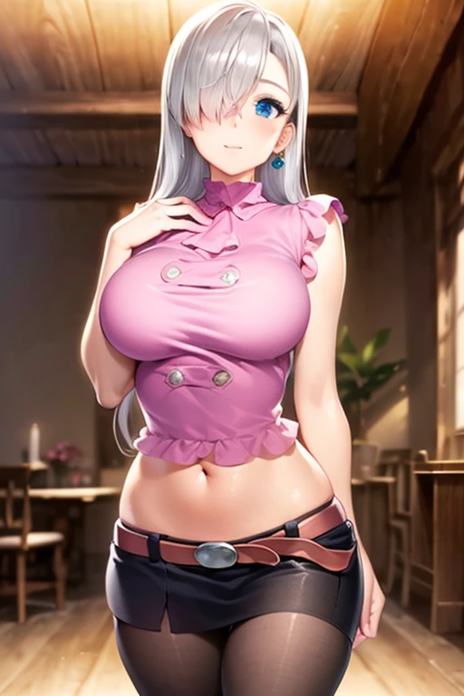 sovetsky_Soyuz, grey hair, long hair, choker, necklace, bracelets, bare shoulder, thigh high stocking, black tanktop, red short skirt, frilly skirt, Boots, large breasts, cleavage, first rate breasts, grey eyes, sharp eyes, Long eyelashes, symmetrical eyes, eye shadow, ominous vibe, expressionless, smiling, relaxing, anime, aesthetic, Anime screenshot, Ultra quality, UHD, high detail, morning, restaurant, standing, arms crossed, one girl