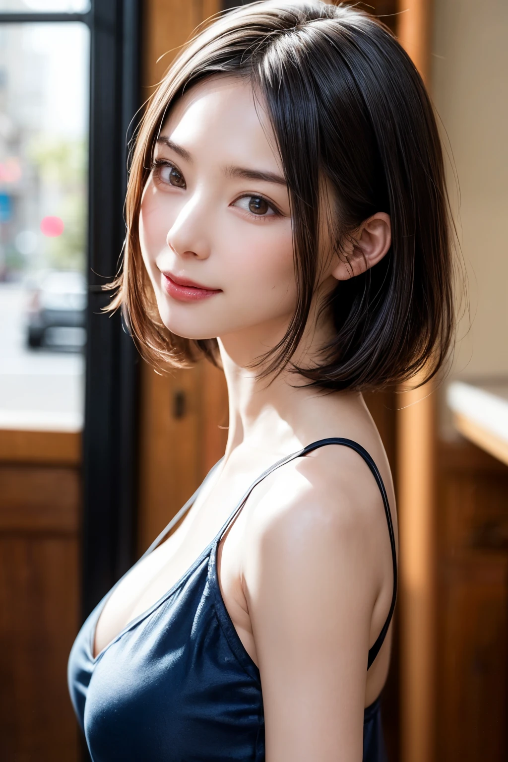 (masutepiece, top-quality、high-detail:1.4、Very attractive beauty、Add intense highlights to the eyes、Look firmly at the camera:1.4、A beautiful woman full of charm、Ideal ratio body proportions、Perfect Anatomy、Brunette Short Bob Hair、Lustrous hair、bangss:1.9、光沢のあるbangss:1.9、lipgloss),1girl in, report, Light brown shiny hair, muffler,realisitic, looking at the viewers、Tilt your head slightly, Bright colored crystal light blue eyes, short shiny hair、 White turtleneck outfit with a hole in the center of the chest,Sexy white turtleneck knit sweater with a round hole in the middle of the chest、 s lips, lipgloss, The upper part of the body、big eye、Lashes、A little red in the face、Embarrassing)、((italian road in winter))、((short hair with big eyes、Put very strong highlights in your students、{Gigantic|Big|Huge|Mega} breasts:1.4、very Bigger breasts、gazing at viewer、Very beautiful beauty、Put your ears out、long neck、little smiling、Beautiful teeth、Open your mouth and smile、Heart-shaped pupil))、28 year old、Very cute supermodel、