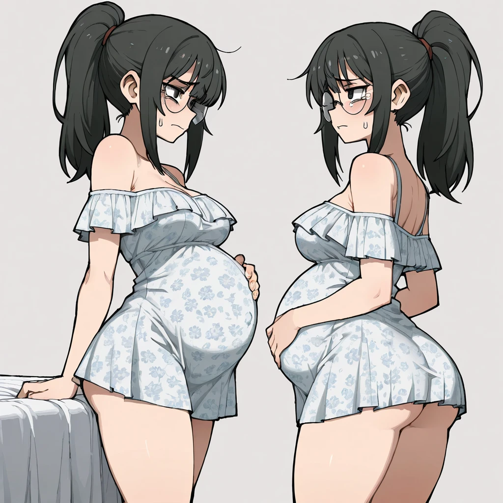 (Full body, glasses), An image of a pregnant girl using idol clothes that leave her belly on full exposure
