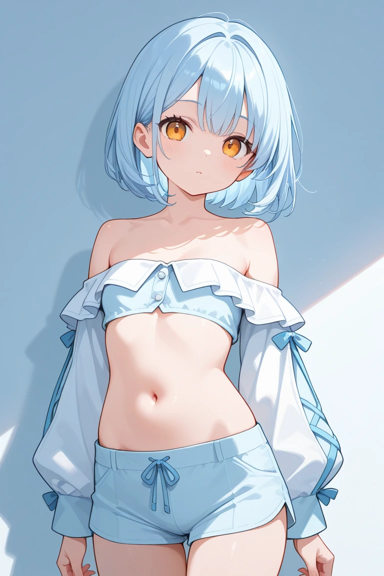 best quality, amazing quality, very aesthetic, absurdres, 1girl, arona (blue archive), blue archive, blue eyes, hair, strapless, (artist official art:1.5), (realistic face), (narrowed eyes), (cowboy shot:2), (concept art:1.5), panties, (thigh), expressive eyes, perfect face, 4k, extremely detailed anime illustration, extremely detailed eyes, enhanced details, perfect anatomy, light rays, photo background, extremely delicate body, smooth skin, feminine expression, (black background:1.5), cristal clear eyes, beautiful face, small breasts