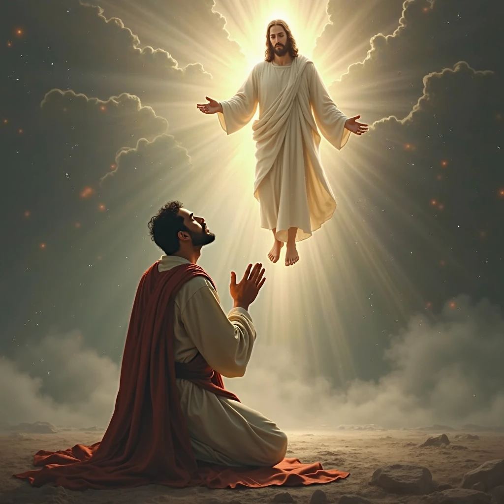 (photorealism:1.2), Crying Jesus Christ, kneel praying under the foot of virgin Mary floating from the heaven that sorrounded of many clouds, wearing red king clothes with light in his head and heart spreading all over, real five finger, real feet, real beautiful hair, real image, heaven outdoors, bright lighting, clouds in background, beautiful light, real heaven and clouds, relaxed pose, realistic, intricate details, bright colors,