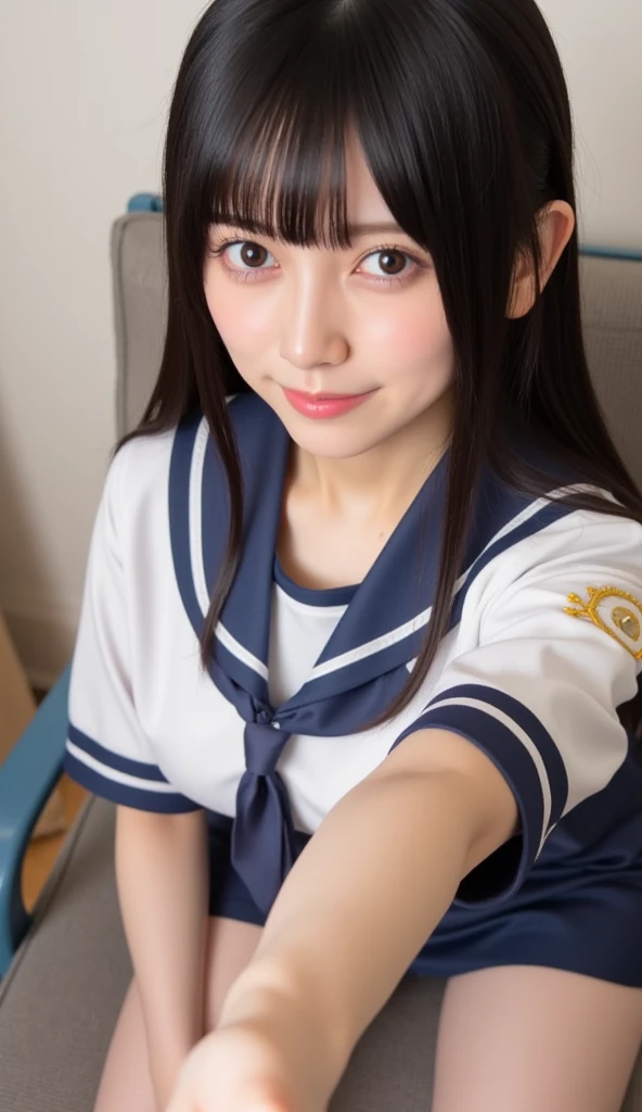 cute,,black hair,long hair,straight hair,with bangs,angelic smile,model,full breasts,breast grabface to face),on bed,summer sailor suit