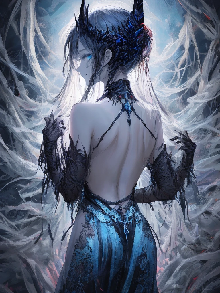 long hair, dark-blue hair, pointy ears, anatomically correct, tattoo, arm_tattoo, pubic_tattoo, shoulder_tattoo, stomach_tattoo, body_writing, 1girl, leg_tattoo, chest_tattoo, solo, back_tattoo, long_hair, sandals, facial_tattoo, navel, breast_tattoo, standing, full_body_tattoo, hand_on_hip, breasts, midriff, full_body, jewelry, heart_tattoo, collarbone, "glow effects, godrays, Hand drawn, render, 8k, octane render, cinema 4d, blender, dark, atmospheric 4k ultra detailed, cinematic, Sharp focus, big depth of field, Masterpiece, colors, 3d octane render, 4k, concept art, trending on artstation, hyperrealistic, Vivid colors, extremely detailed CG unity 8k wallpaper, trending on CGSociety, Intricate, High Detail, dramatic", anime coloring, anime screencap, sweating, steaming body, fog, outfit-origami, halo, veil, navel, elbow gloves,