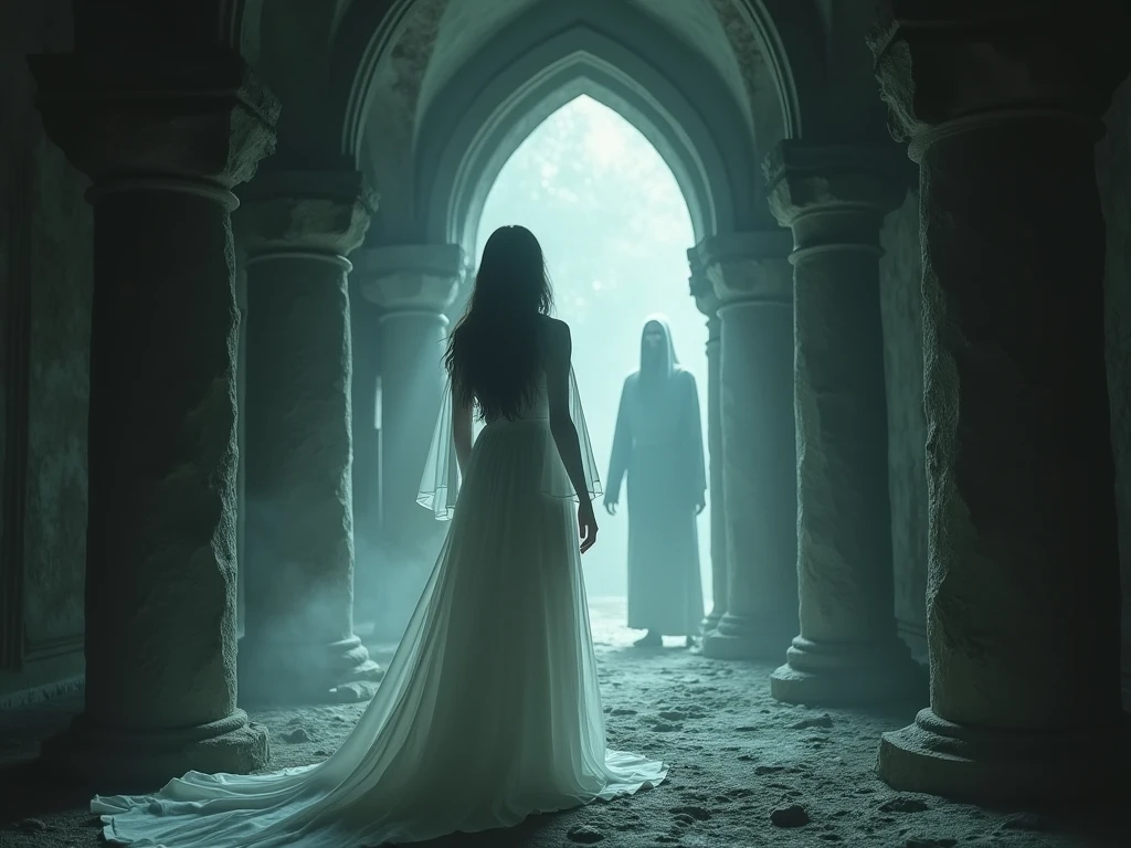 Beautiful girl with black hair white clothes round to our back and long silver nails scary with blood without shoes .You stand and look at a man with a cane looking at a dead body.