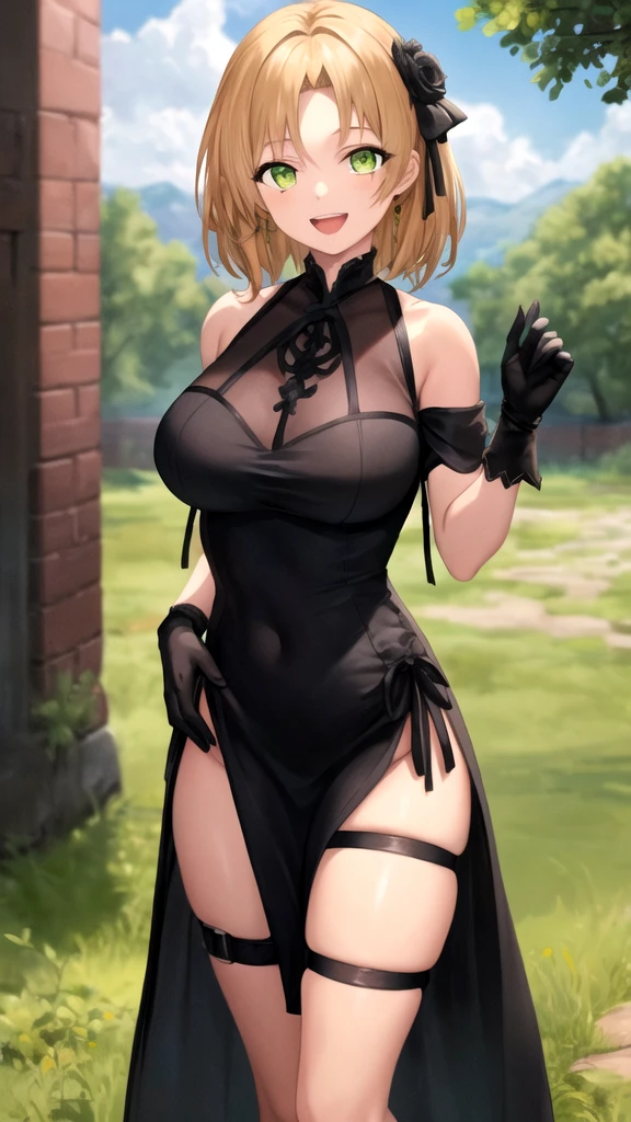 woman,slave, iron collar on neck, happy smile,expecting eyes, no thougts, volumpious body, ragged clothes, short blonde hair, mouth open, slender body, large breast, chains shackles, slave clothes, commoner clothes