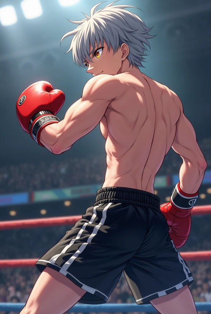 1 man, 35 years old, wearing red boxing gloves, silver hair, short hair, angry facial expression, blushing, muscular body, flex his muscle, big muscles, big pecs, boxing stage background