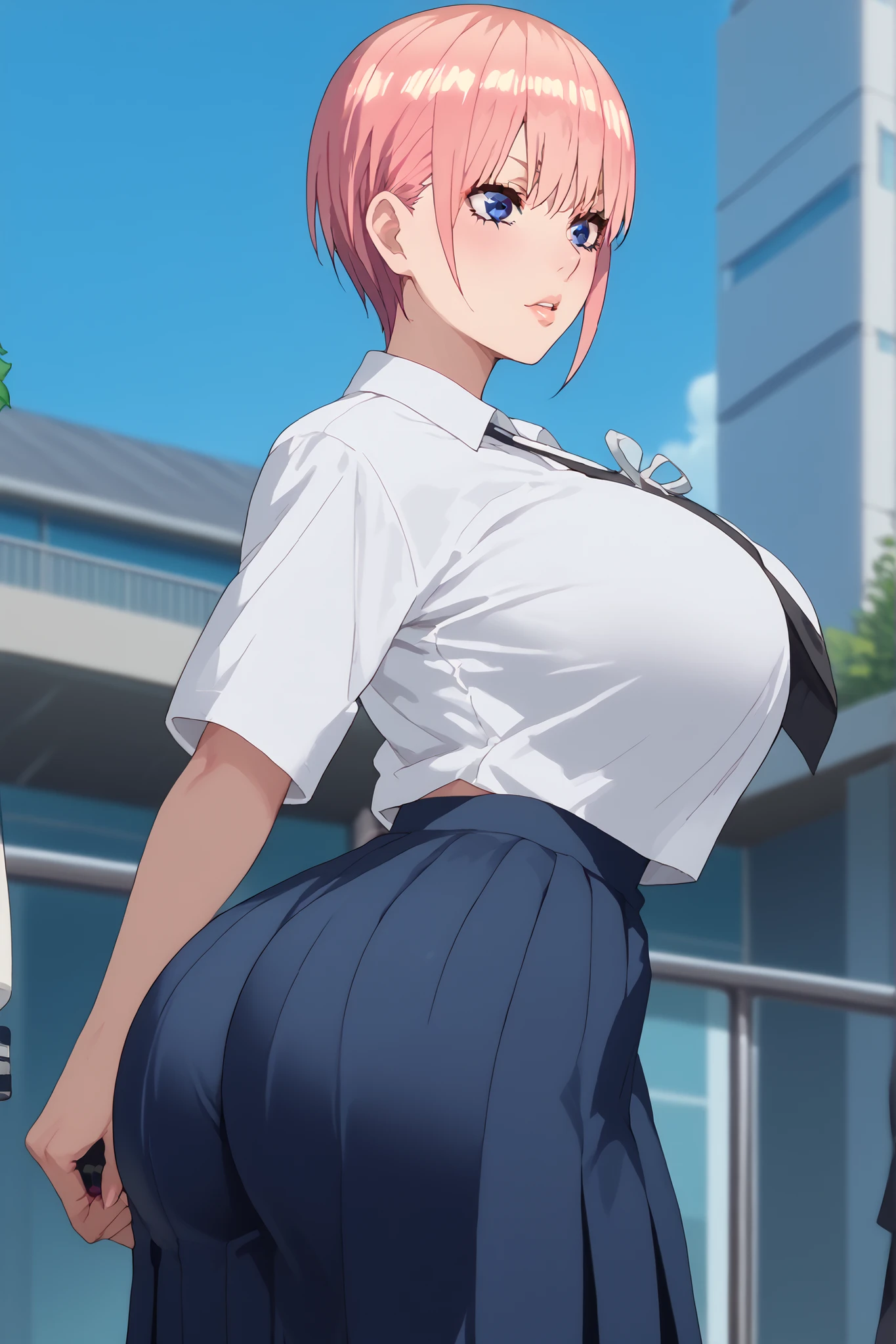 ichika nakano, short hair, bangs, blue eyes, pink hair, large breasts, anime screencap, big breasts , big ass , school uniform