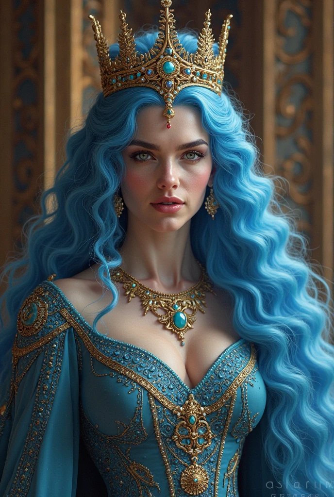 Majestic queen woman pink color sitting big breast blue hair with crown tender smiling 