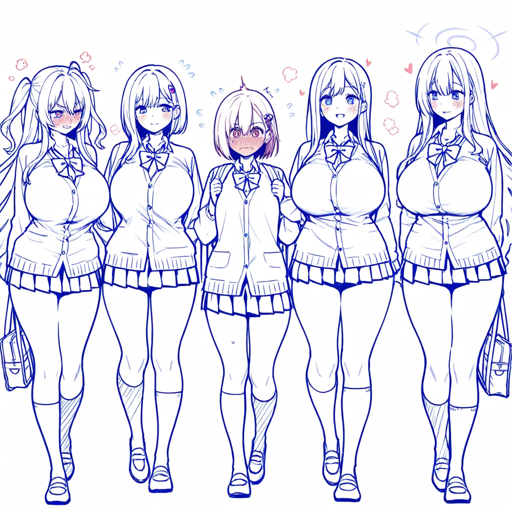 masterpiece, best quality, simple background, random hairstyle, large breasts, 6 girls,