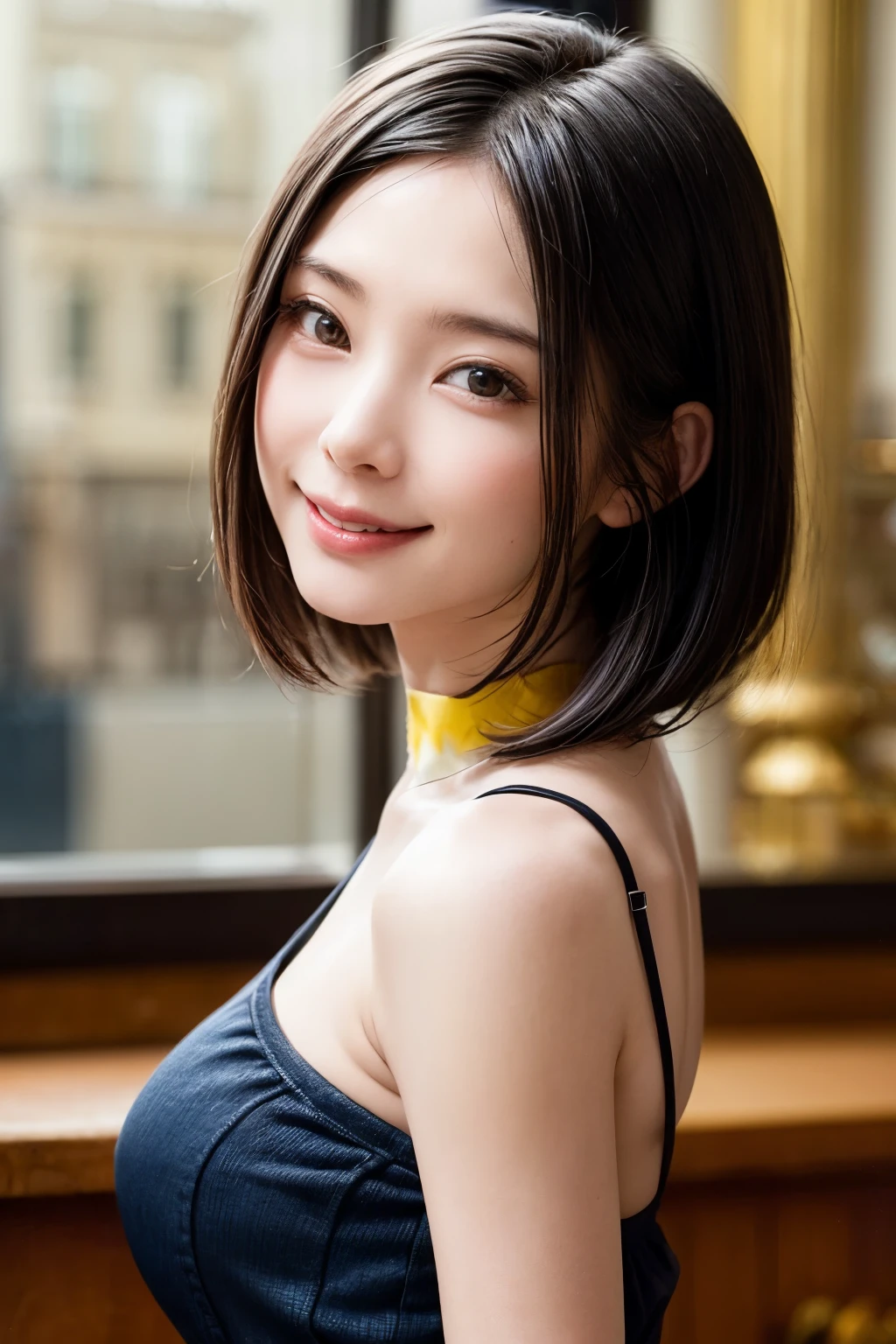 (masterpiece)、(Highest quality:1.5)、(Photorealistic:1.2)、(Surreal), (High resolution), (Realistic), (Post-processing),(Sharp focus), Sharp focus:1.2,Backlight, (Improvement of quality:1.4), Healthy thighs、(Narrow waist)、Big Ass、((Perfectly detailed five-fingered hands)),(Anatomically correct body)、((1 female:1.4))、Japanese、Realistic Skin、(Small chest:1.4)、Bust size is B cup、Pretty woman with perfect figure:1.4,(from the front:1.5), (Enhances the beauty of skin texture:1.1),No makeup、美しいBlack Hair、The best smile、Natural color lip、(Small Mouth:1.4)、(Oval Face)、Even bangs、Hide eyebrows with bangs、((29-year-old woman))、Bob Hair、Hair blowing in the wind, (Black Hair, Iris, Watery eyes, Shining Eyes, Bob Cut Hair, Small earrings,), Hair behind the ear、No makeup、(Drooping eyes)、Drooping eye corners、Photos taken by a professional photographer,1 girl, Cute Smile,whole body、(((One lovely woman)),((A big friendly smile)),(( Small breasts,Small breastsの谷間)),((((Plump Cheeks)))),((whole body:1.5)),A woman standing in the streets Ginza、Wearing a navy blue blazer、Wearing a white blouse、She is wearing a light blue Flared skirt、Wear pumps、The wind is blowing、A bag is hanging From the right shoulder、Balanced proportions、Small breasts、
